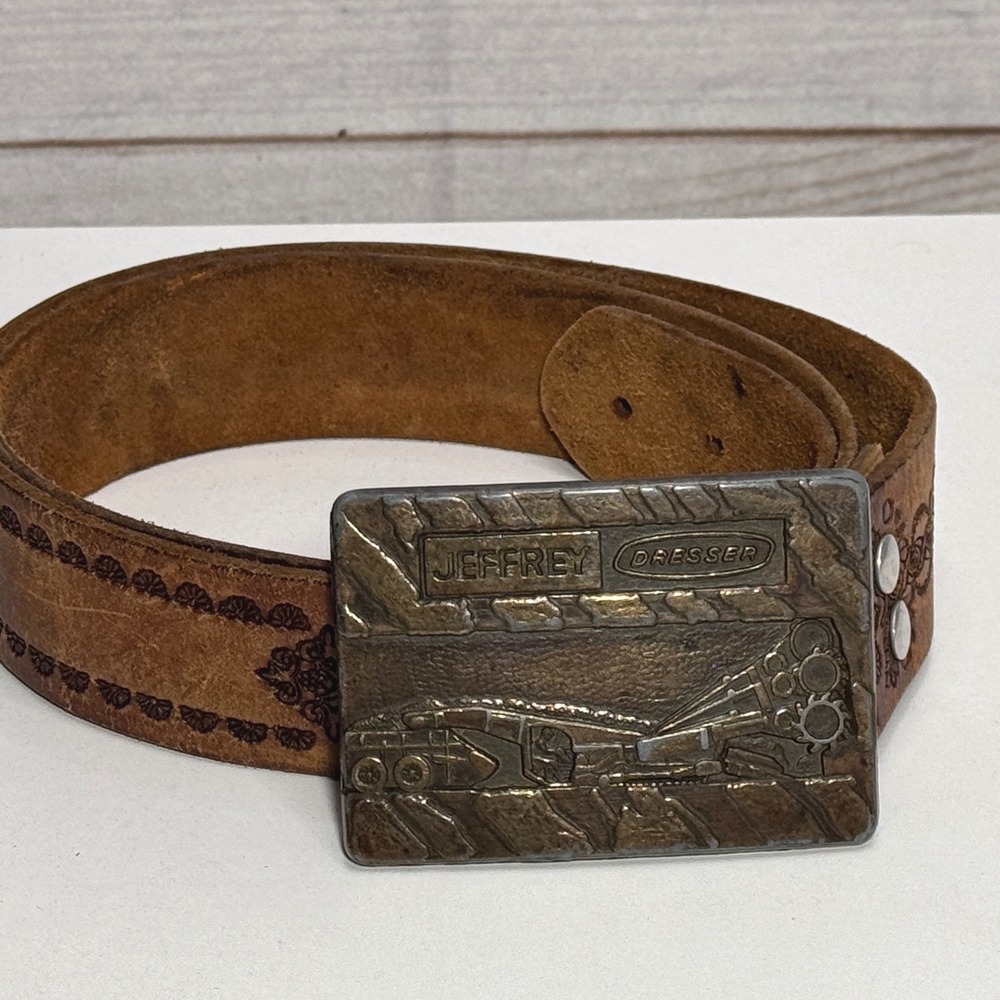 Vintage Jeffrey Dresser Mining Equipment Belt Buckle Tooled Solid Leather Belt